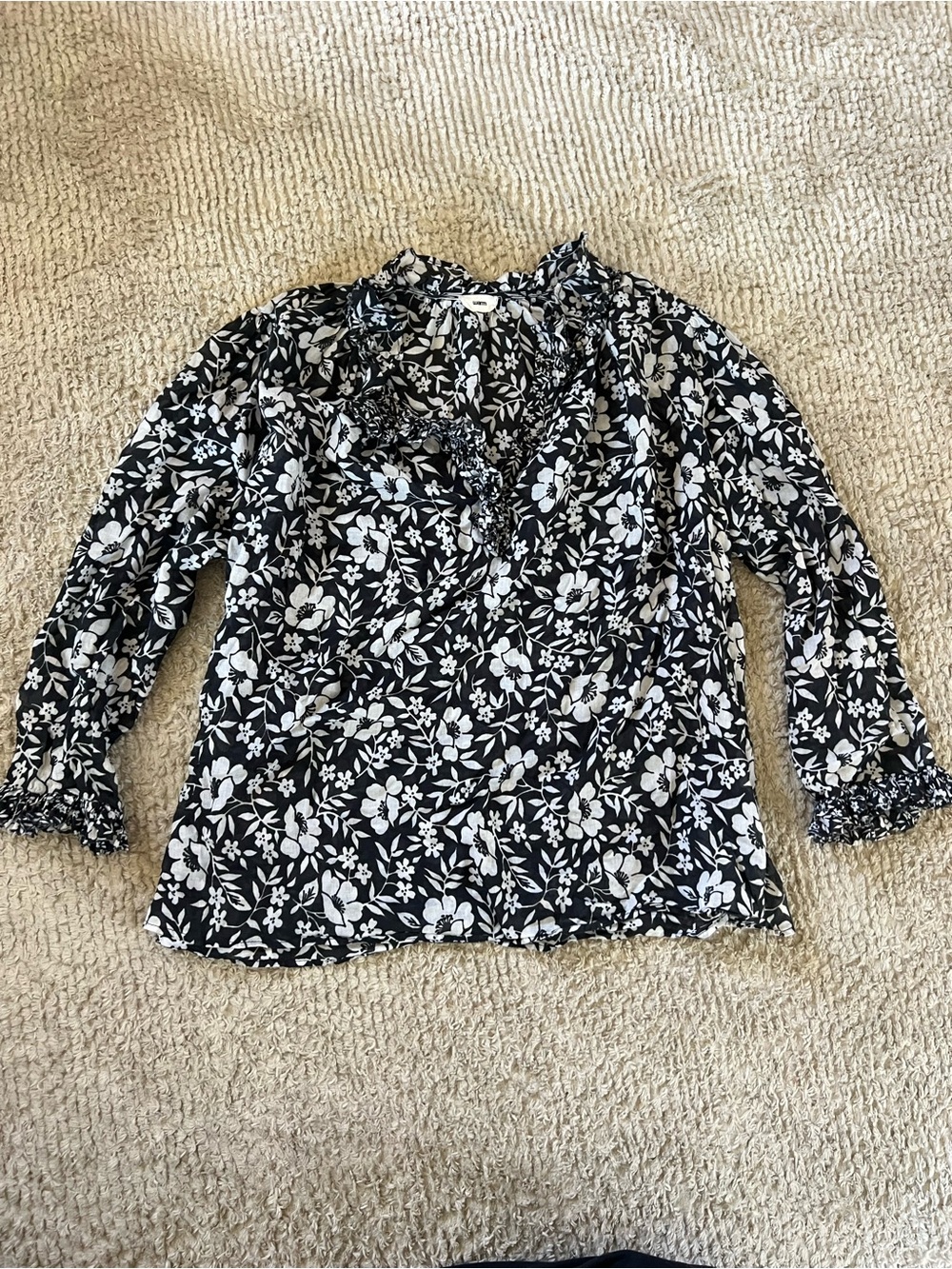 Warm Black Floral Ruffle V-Neck Blouse